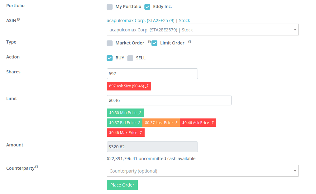 Trading interface for placing buy and sell orders